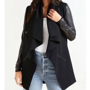 SPANX Ponte Drape Front Jacket Faux Leather Sleeves Black Stretch Size Large